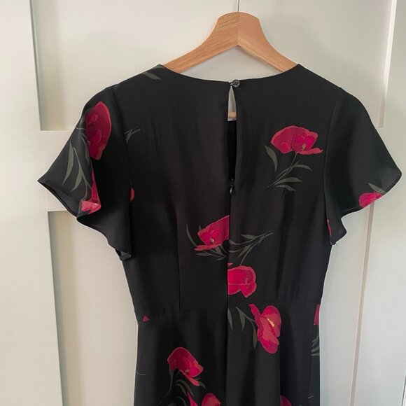 Just Fab Womens Black Floral Midi Dress Ruched Waist Detail Size XS - Picture 6 of 9